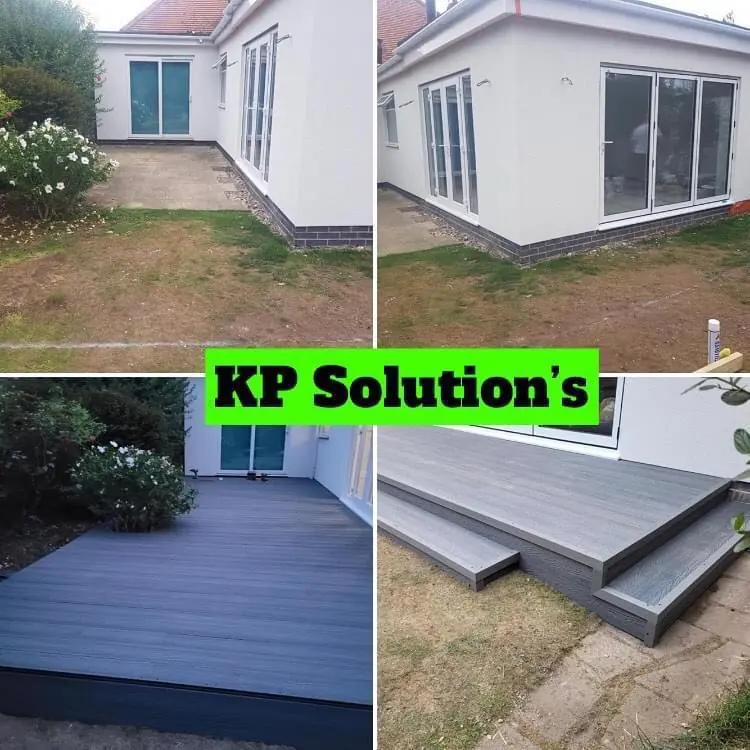 Grey composite decking, trim and steps
