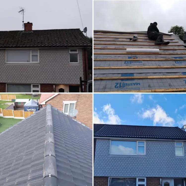 Re-roof in progress: old roof, new battens and the finished tiles